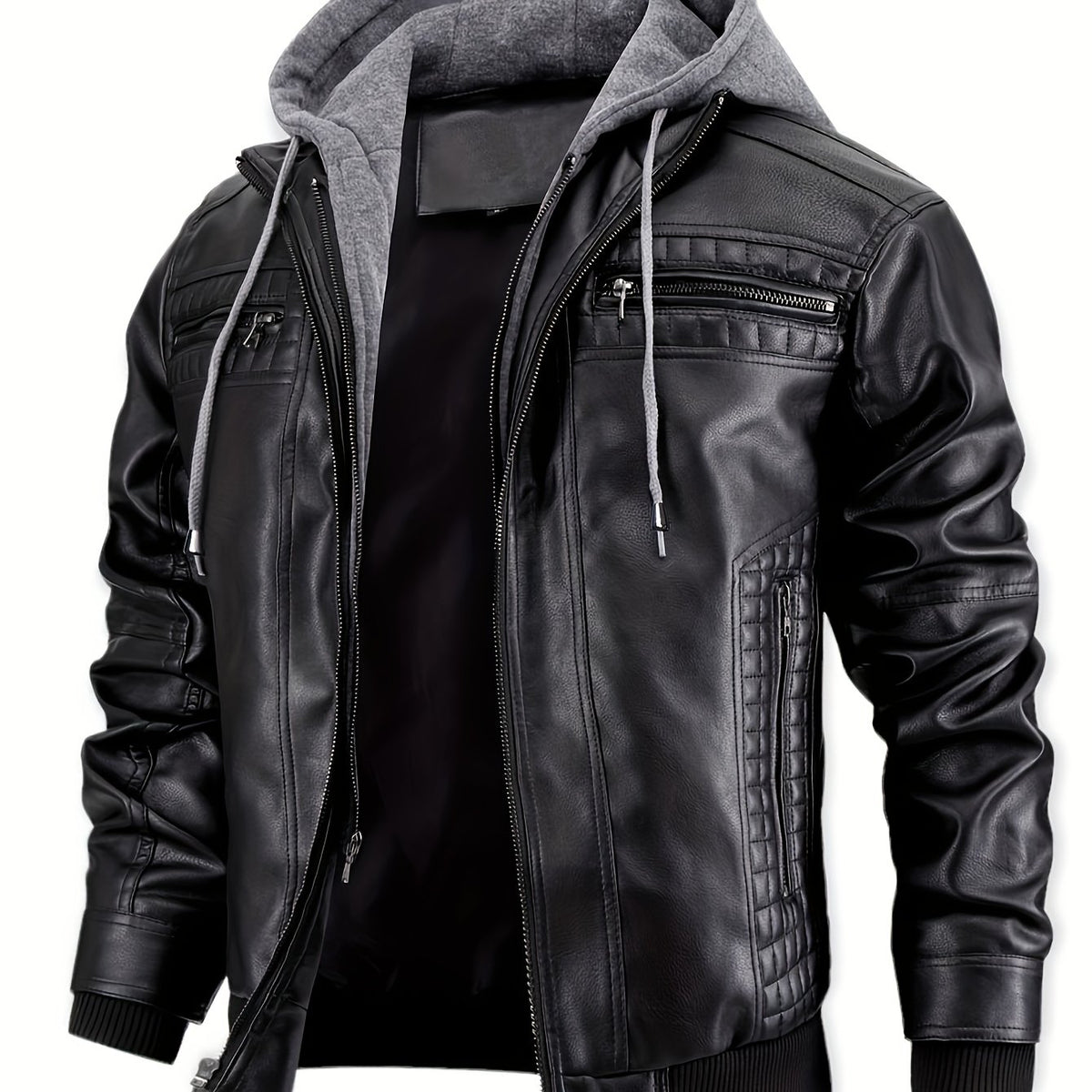 Men’s PU Leather Bomber Jacket – Zip-Up w/ Removable Hood