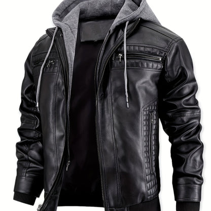 Men’s PU Leather Bomber Jacket – Zip-Up w/ Removable Hood