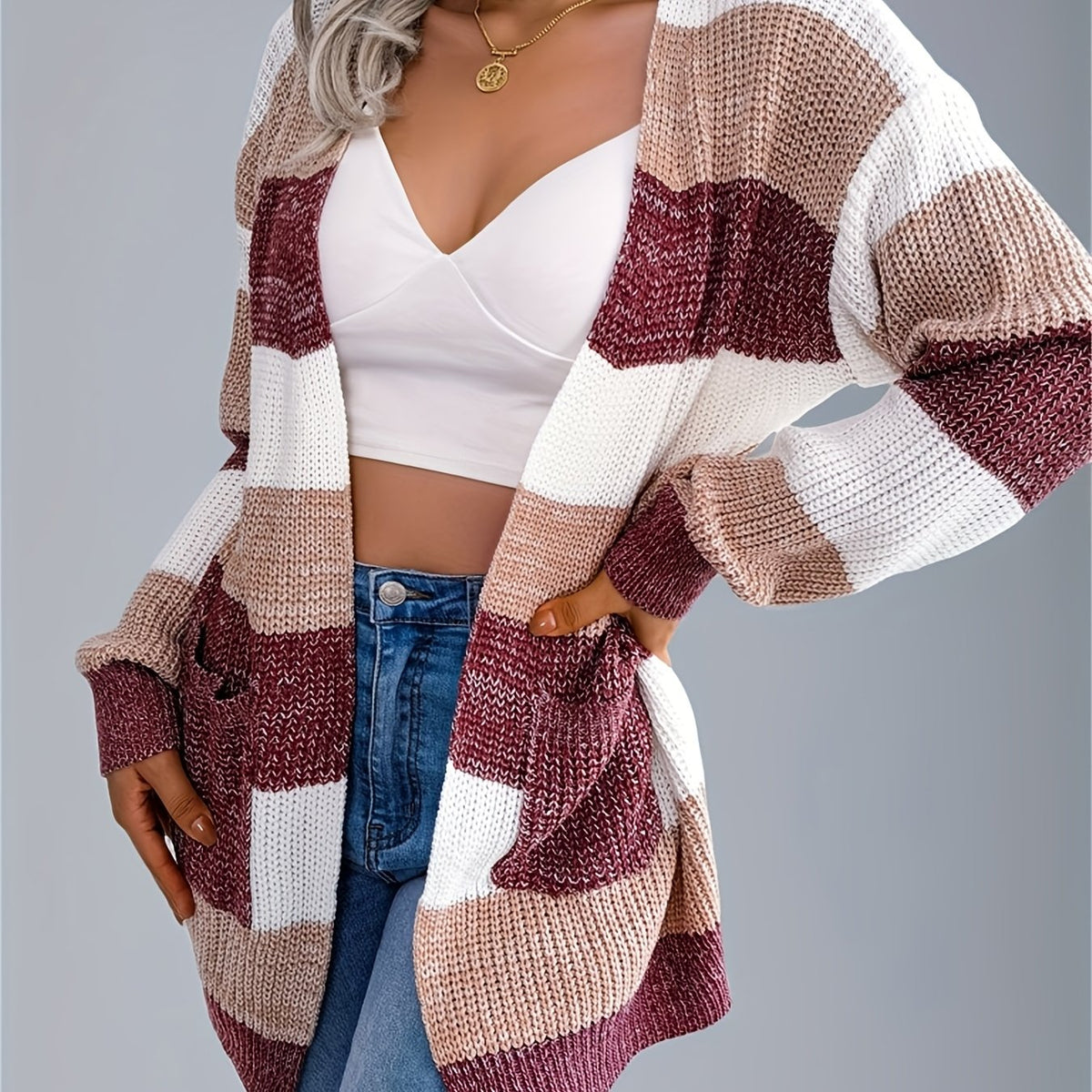 Cárdigan a rayas con bloques de color para mujer – Suéter de punto de invierno con mangas abullonadas
