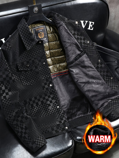 Manteau en PU à carreaux pour hommes – Veste de rue pied-de-poule noir et marron