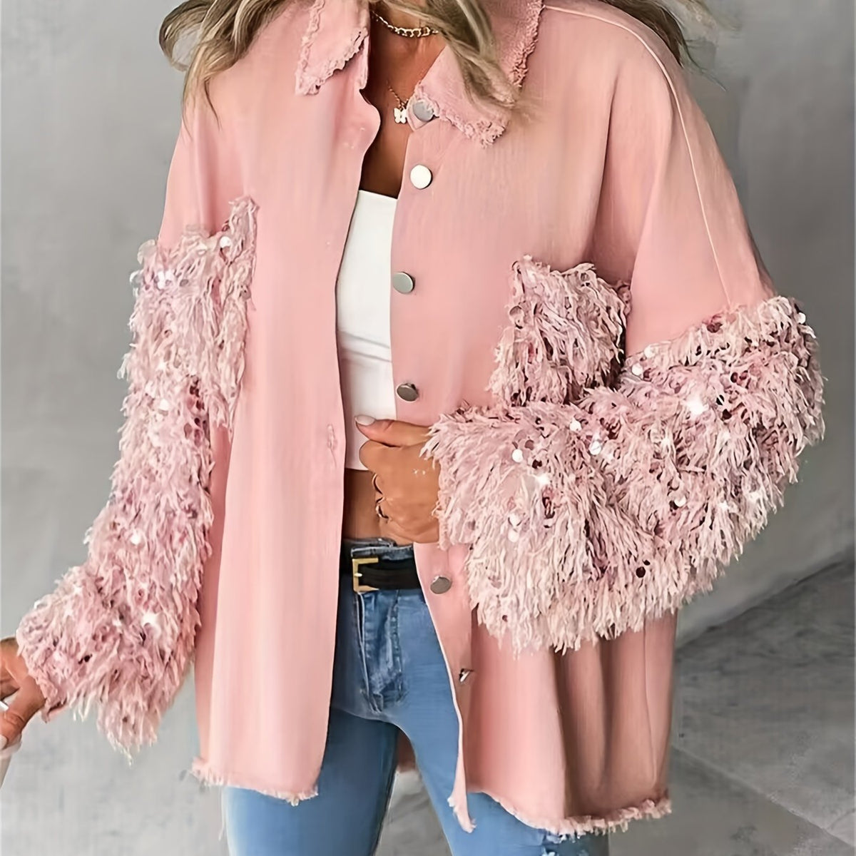 Veste chemise patchwork à paillettes et pampilles pour femme – Veste à manches longues contrastantes duveteuses