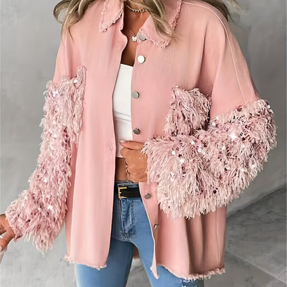 Veste chemise patchwork à paillettes et pampilles pour femme – Veste à manches longues contrastantes duveteuses