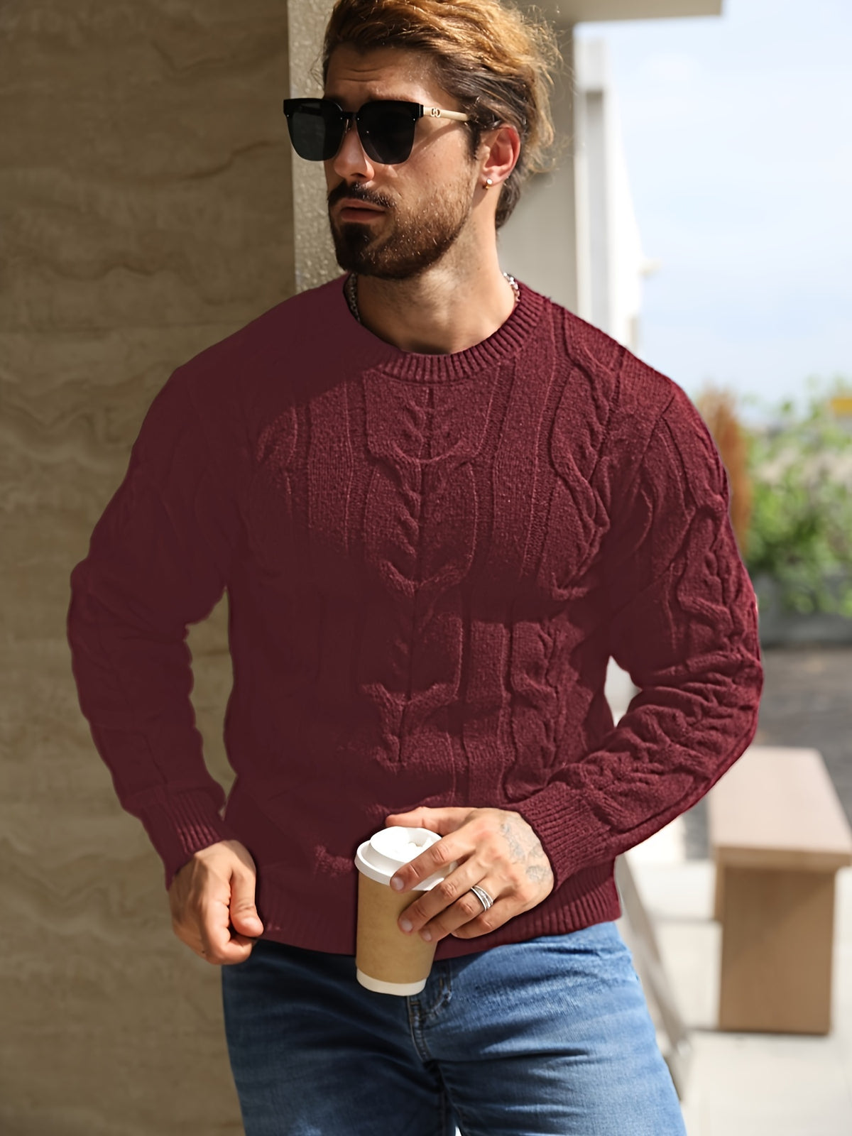 Suéter de punto a rayas para hombre – Suéter suave con cuello redondo y ribete acanalado