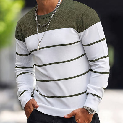 Men’s Navy Striped Knit Sweater – Casual Crew Neck Pullover