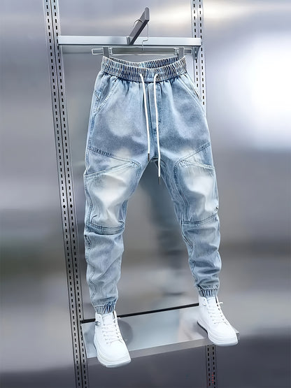 Pantalon de jogging en jean pour homme avec cordon de serrage – Jean patchwork coupe slim