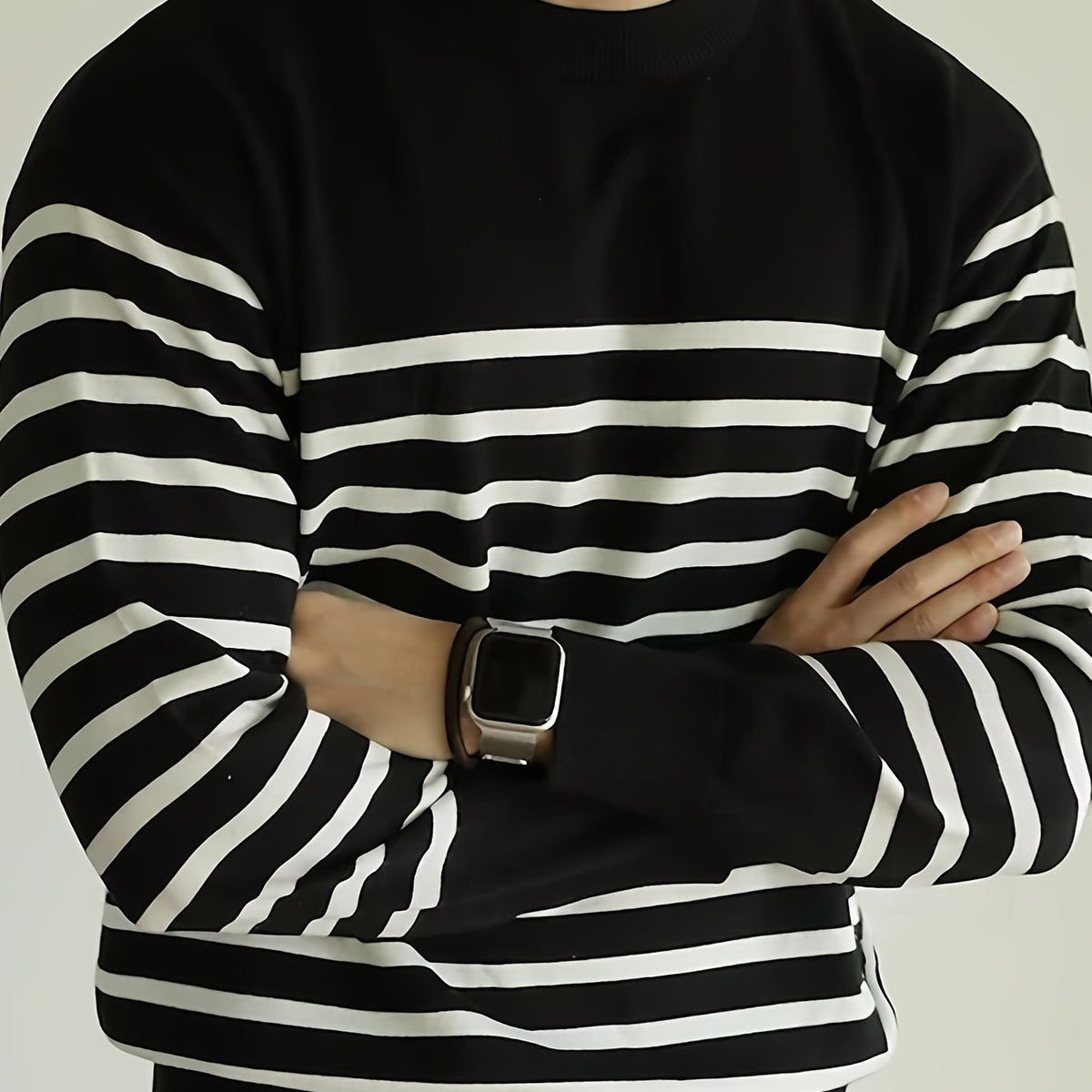 Men’s Striped Knit Sweater – Casual Crew Neck Streetwear Pullover