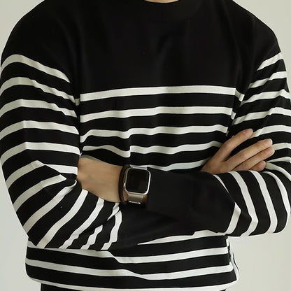 Men’s Striped Knit Sweater – Casual Crew Neck Streetwear Pullover