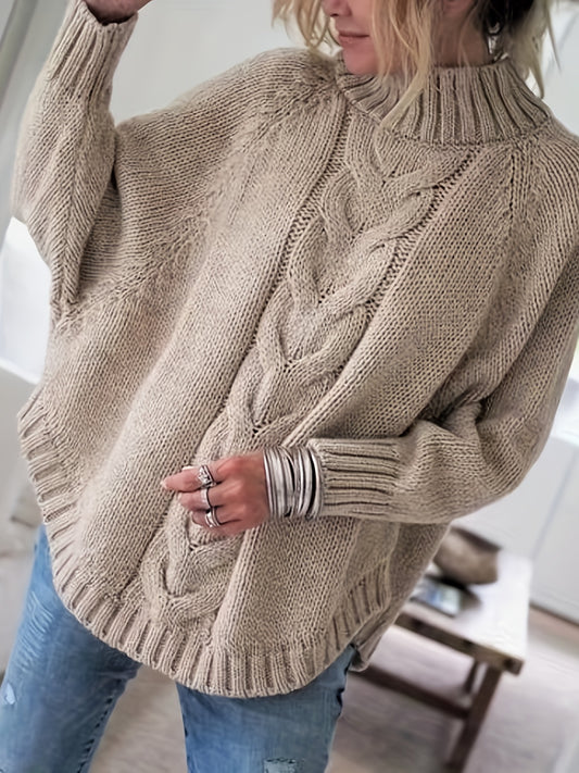 Suéter vintage de cuello alto – Dobladillo acampanado, corte holgado, tejido de punto acanalado