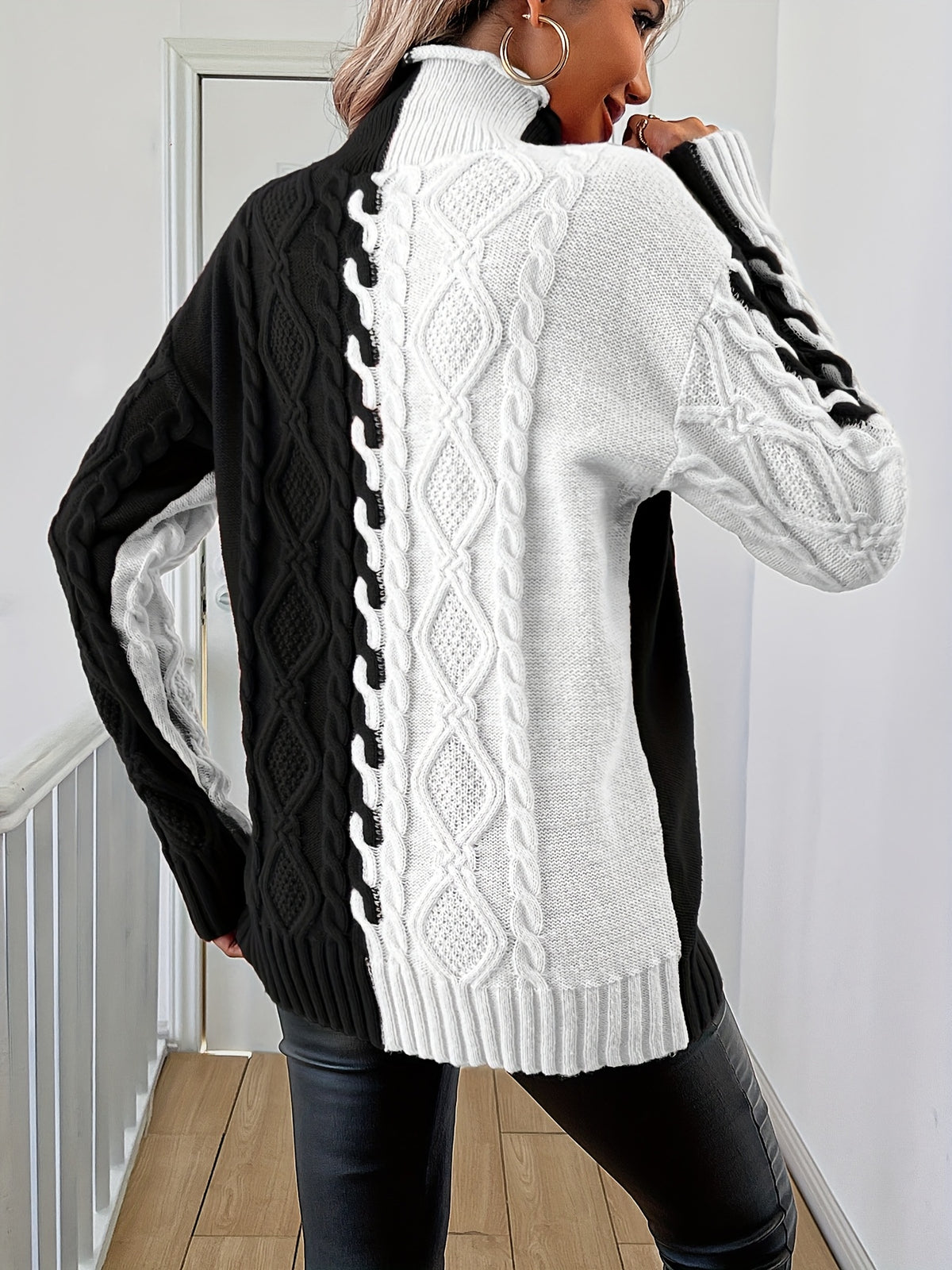 Elegant High-Neck Striped Blouse – Color-Block Knit Long Sleeve Top