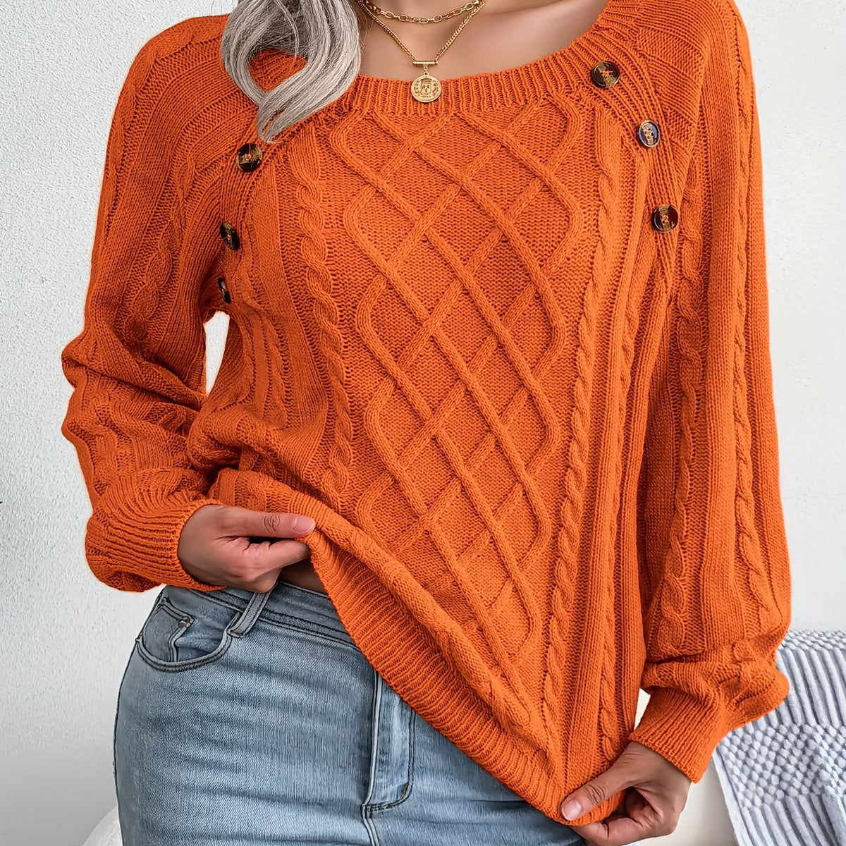 Pull texturé à manches lanternes pour femme – Haut en maille à boutons