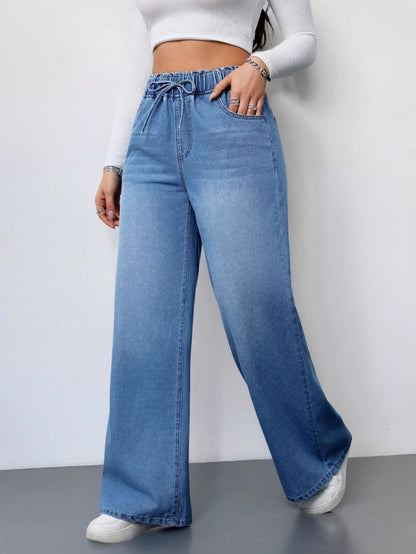 Jean large taille haute pour femme – Denim stretch avec cordon de serrage 2025
