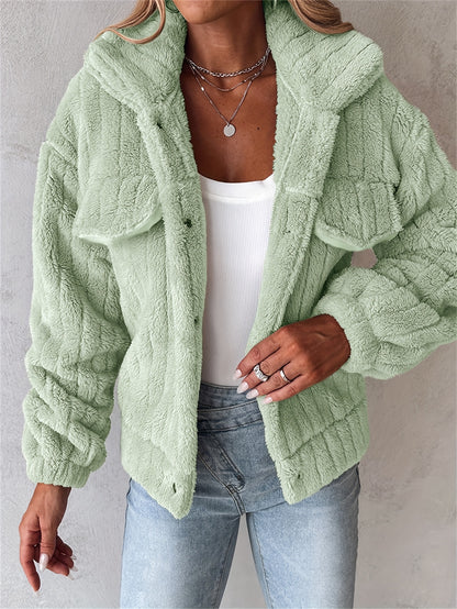 Veste douillette rose pâle en peluche pour femme – Manteau d'hiver chaud à revers boutonné
