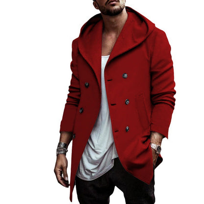 Men’s Hooded Double-Breasted Trench Coat – Mid-Length Loose Fit