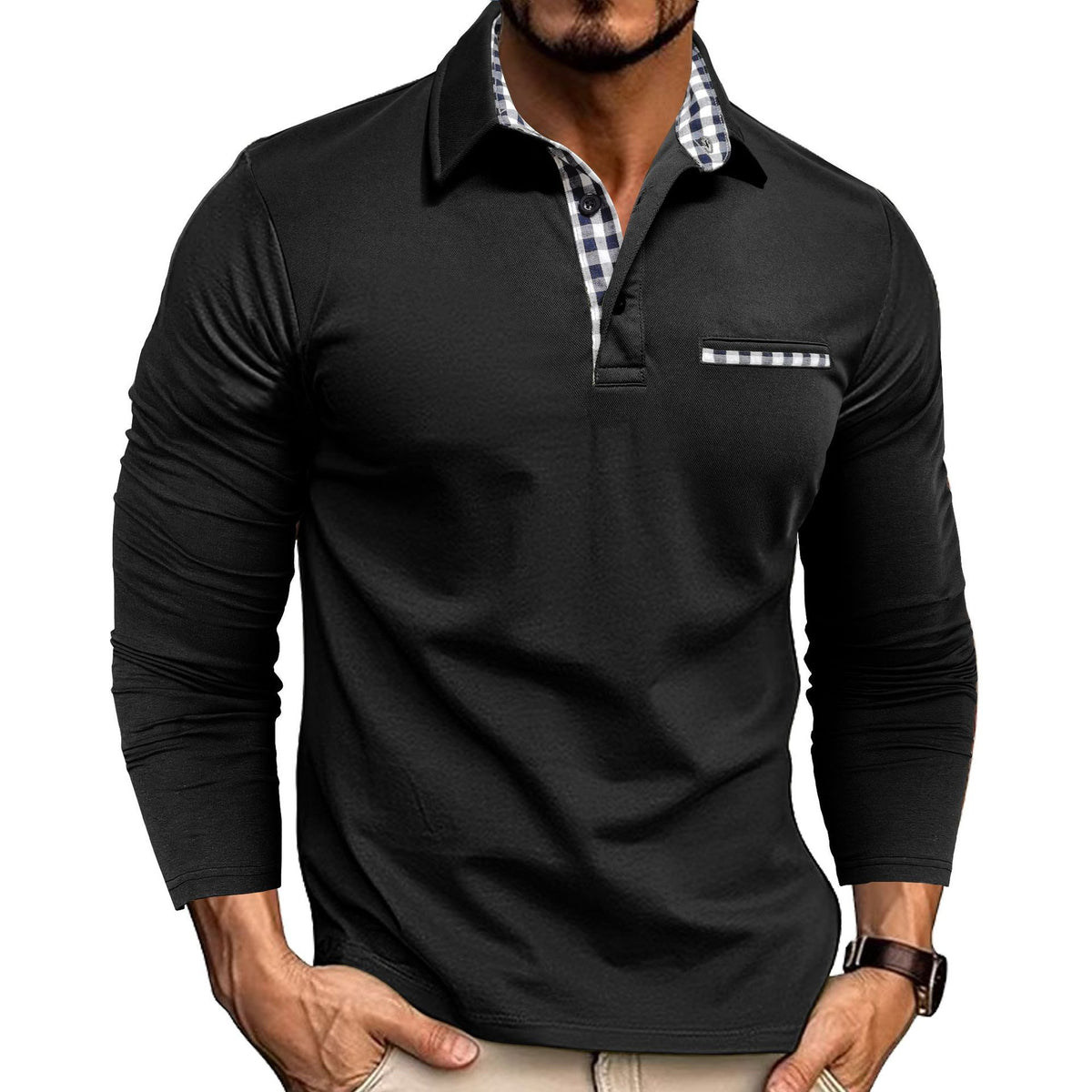 Polo à manches longues tissé et carreaux avec empiècements pour homme Loom & Soul™ – Haut décontracté de couleur unie