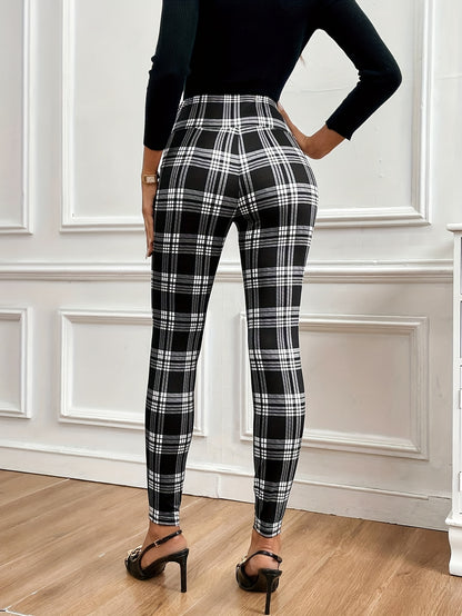 Women’s High-Waist Checkered Slim Pants – Elegant Plaid Trousers