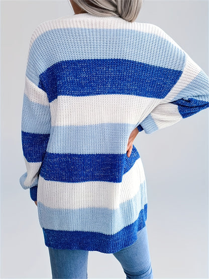Cárdigan a rayas con bloques de color para mujer – Suéter de punto de invierno con mangas abullonadas