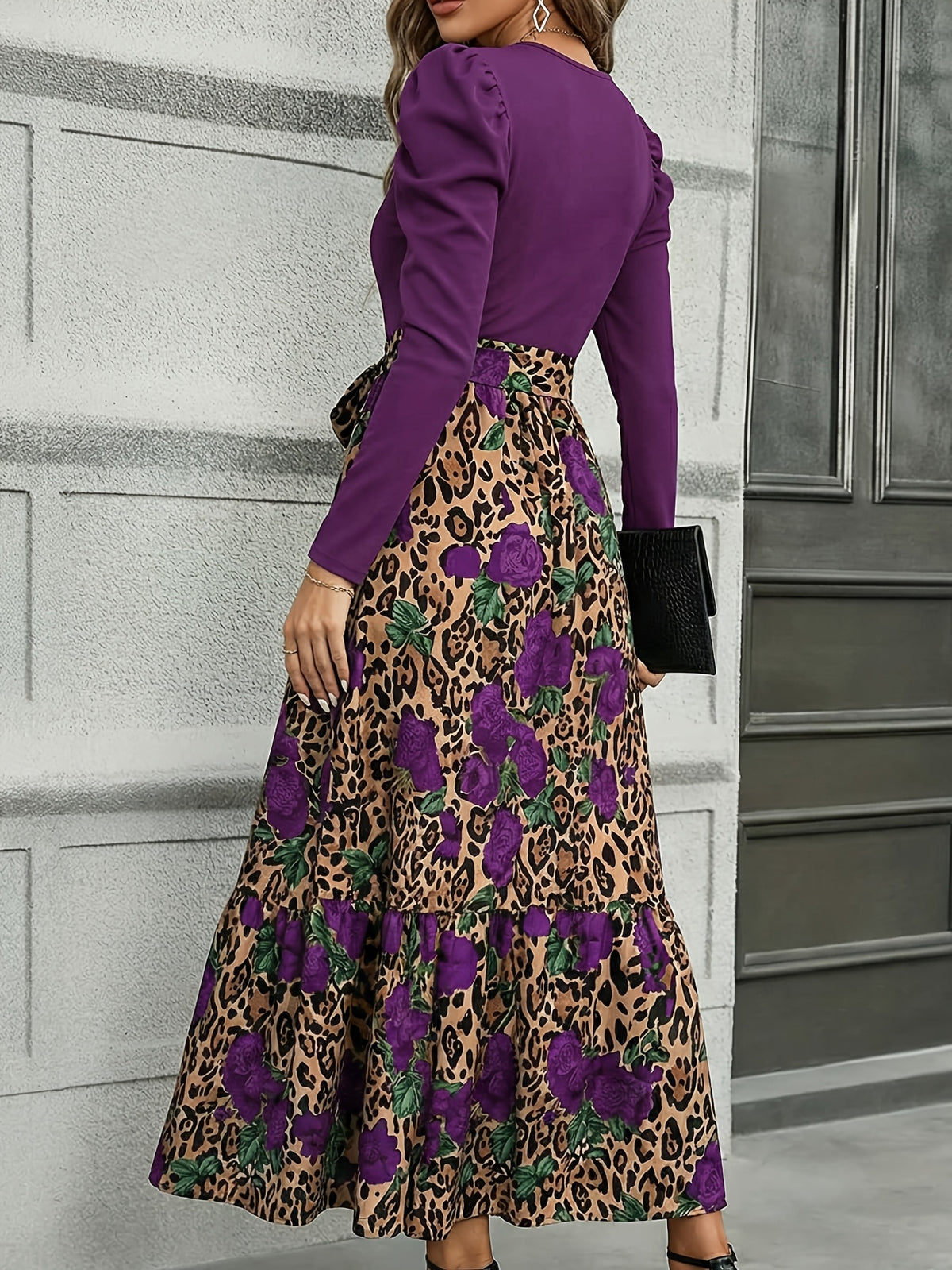 Leopard Print Patchwork Tie-Waist Dress – Elegant Long Sleeve Fitted Dress