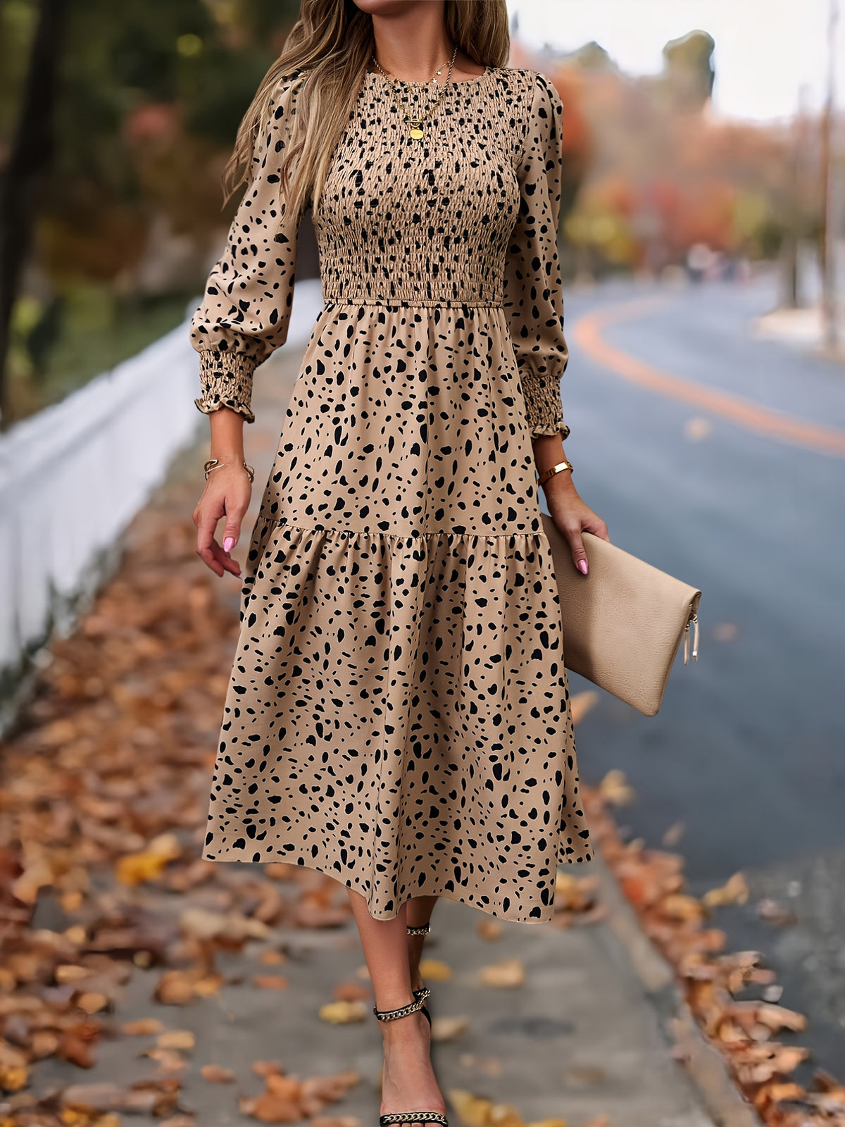 Leopard Print Long Sleeve Maxi Dress – Elegant A-Line Flowing Dress