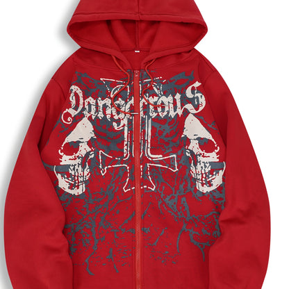 Veste à capuche pour hommes avec imprimé tête de mort – Sweat à capuche zippé décontracté automne/hiver