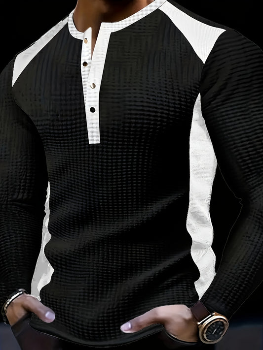 Men’s Waffle Henley Shirt – White & Black All-Season Button Top