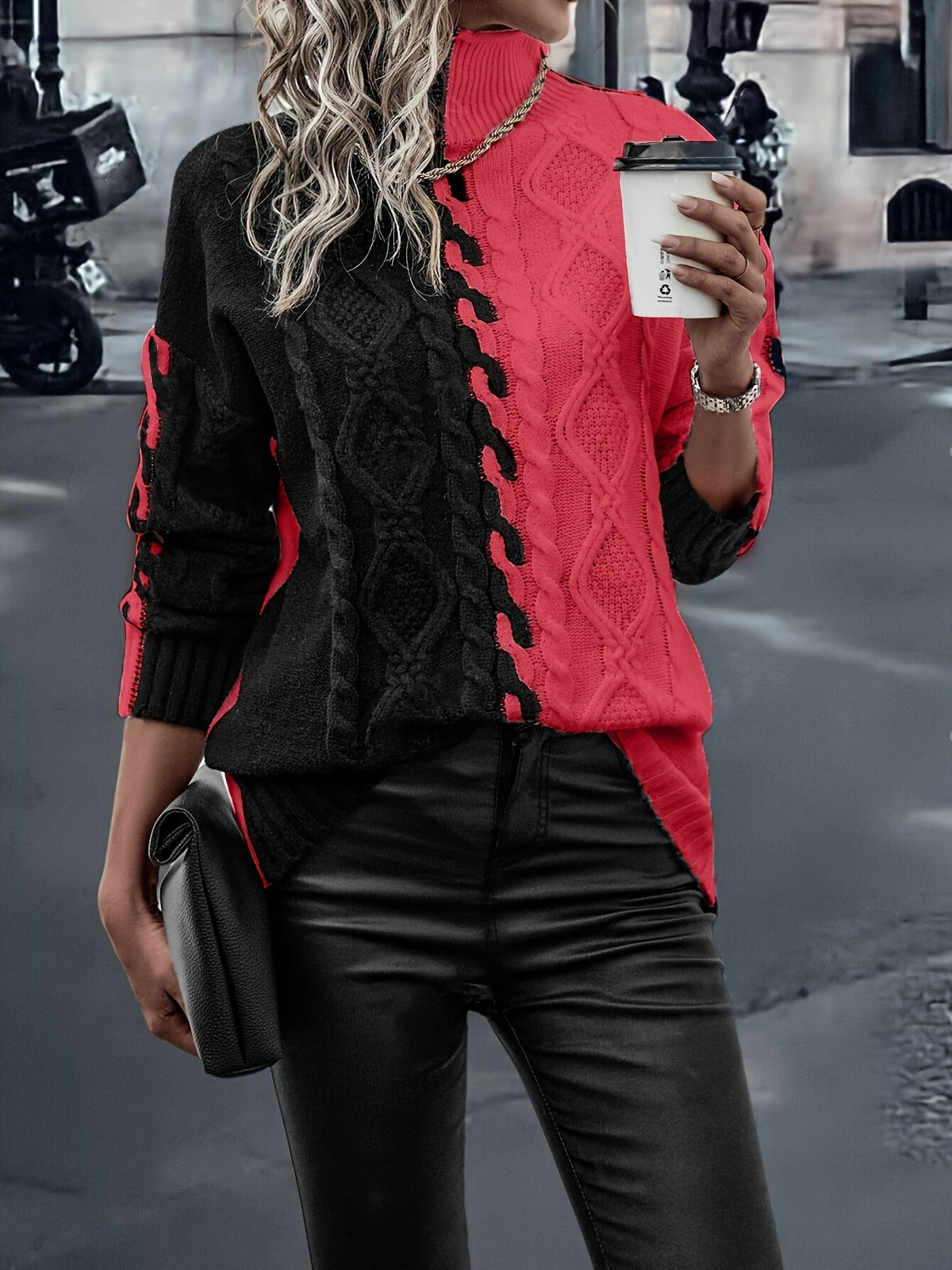 Elegant High-Neck Striped Blouse – Color-Block Knit Long Sleeve Top