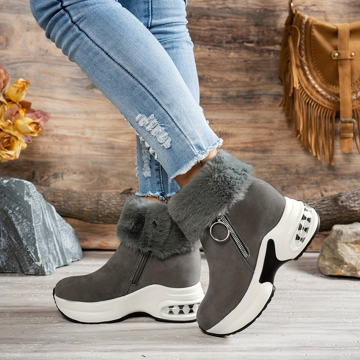 Bottines compensées pour femme – Chaussures d'hiver zippées à doublure en peluche