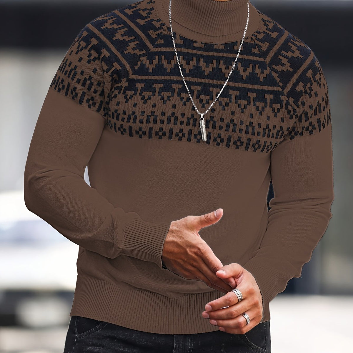 Men’s Geometric Turtleneck Sweater – Casual Knit Pullover for Fall & Winter
