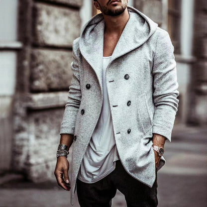 Men’s Hooded Double-Breasted Trench Coat – Mid-Length Loose Fit