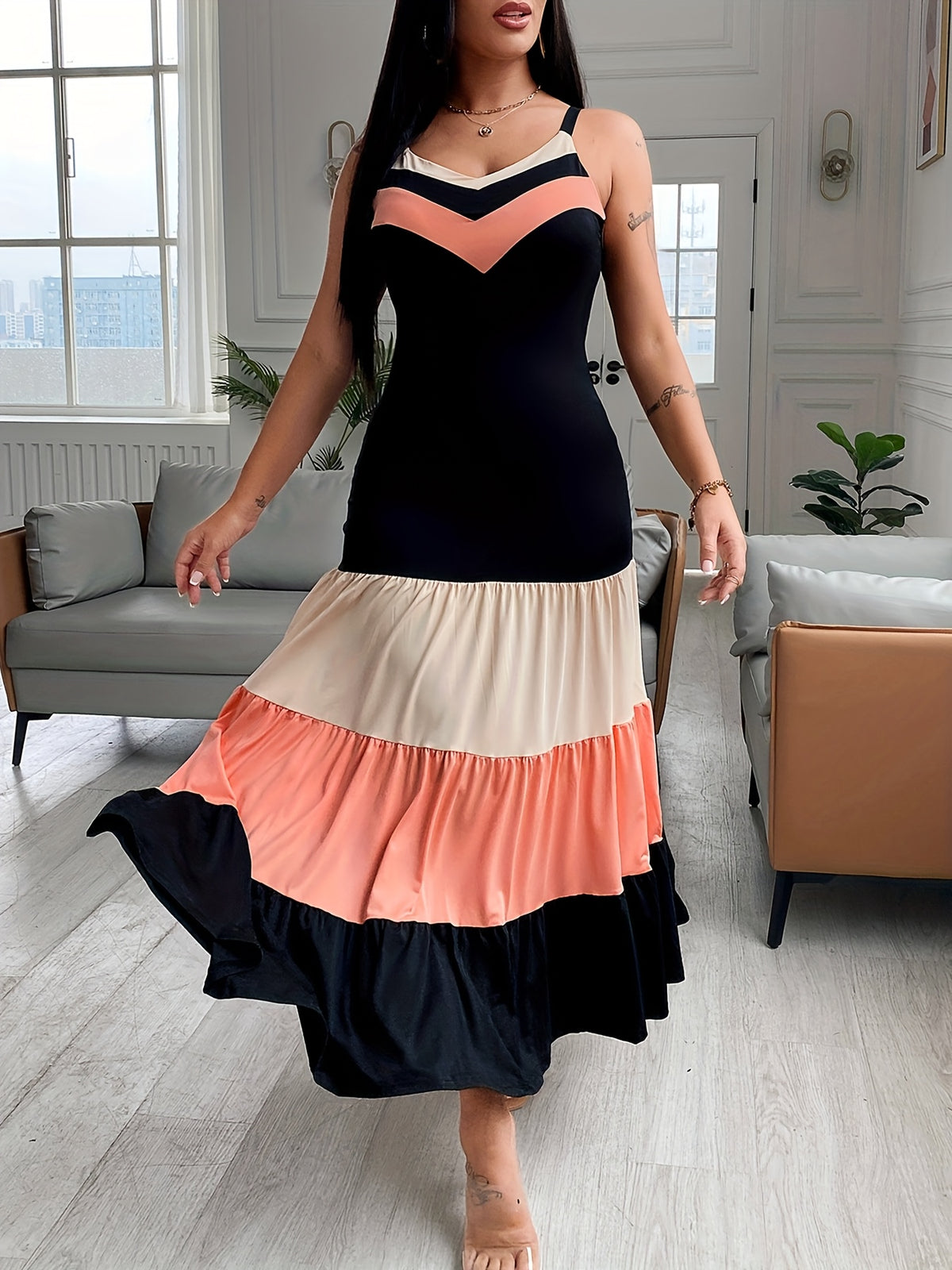 Colorblock Ruched Maxi Dress – Spaghetti Strap Ruffle Summer Dress