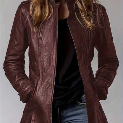 Blouson moto en cuir PU pour femme – Veste zippée style rétro à col montant