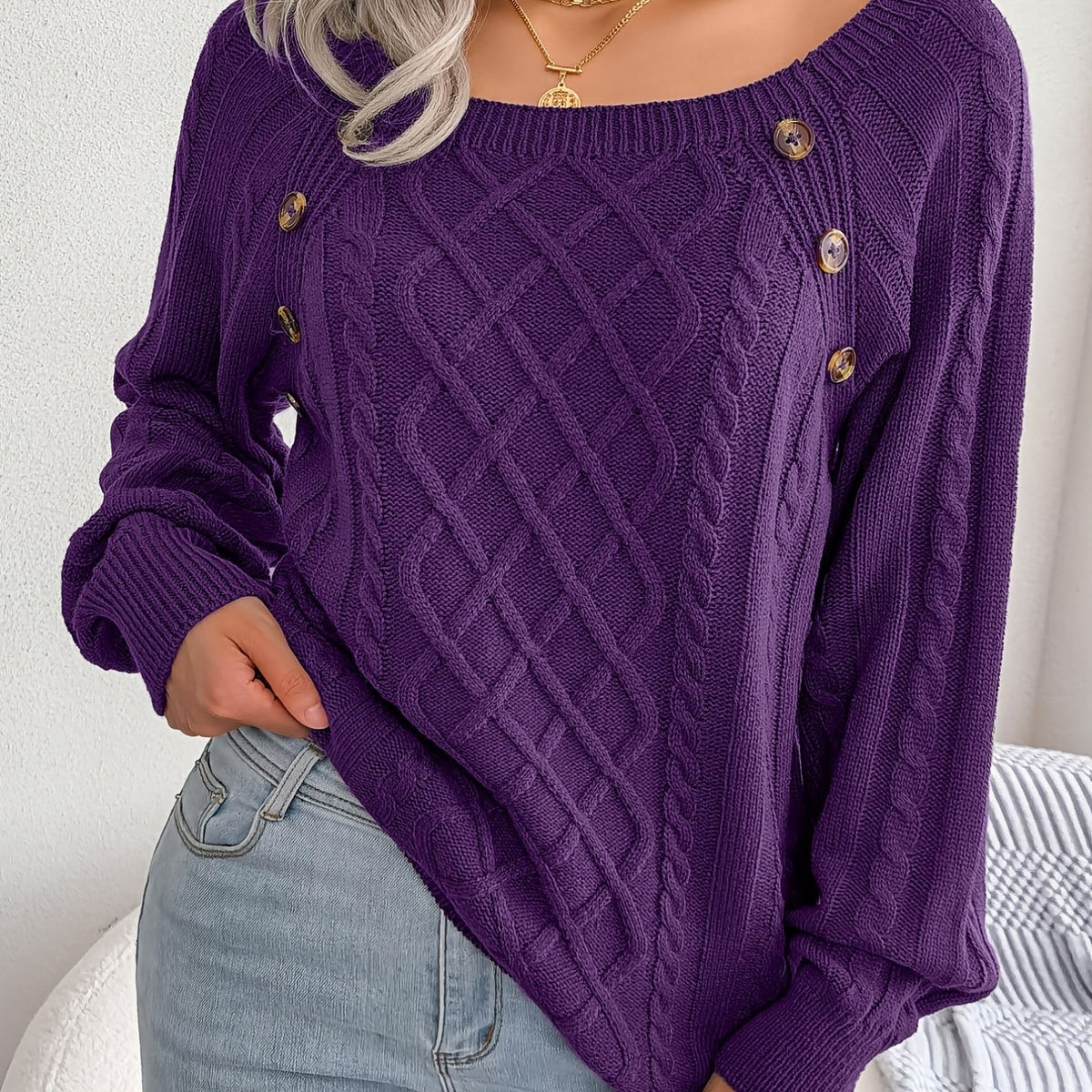 Pull texturé à manches lanternes pour femme – Haut en maille à boutons