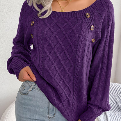 Pull texturé à manches lanternes pour femme – Haut en maille à boutons