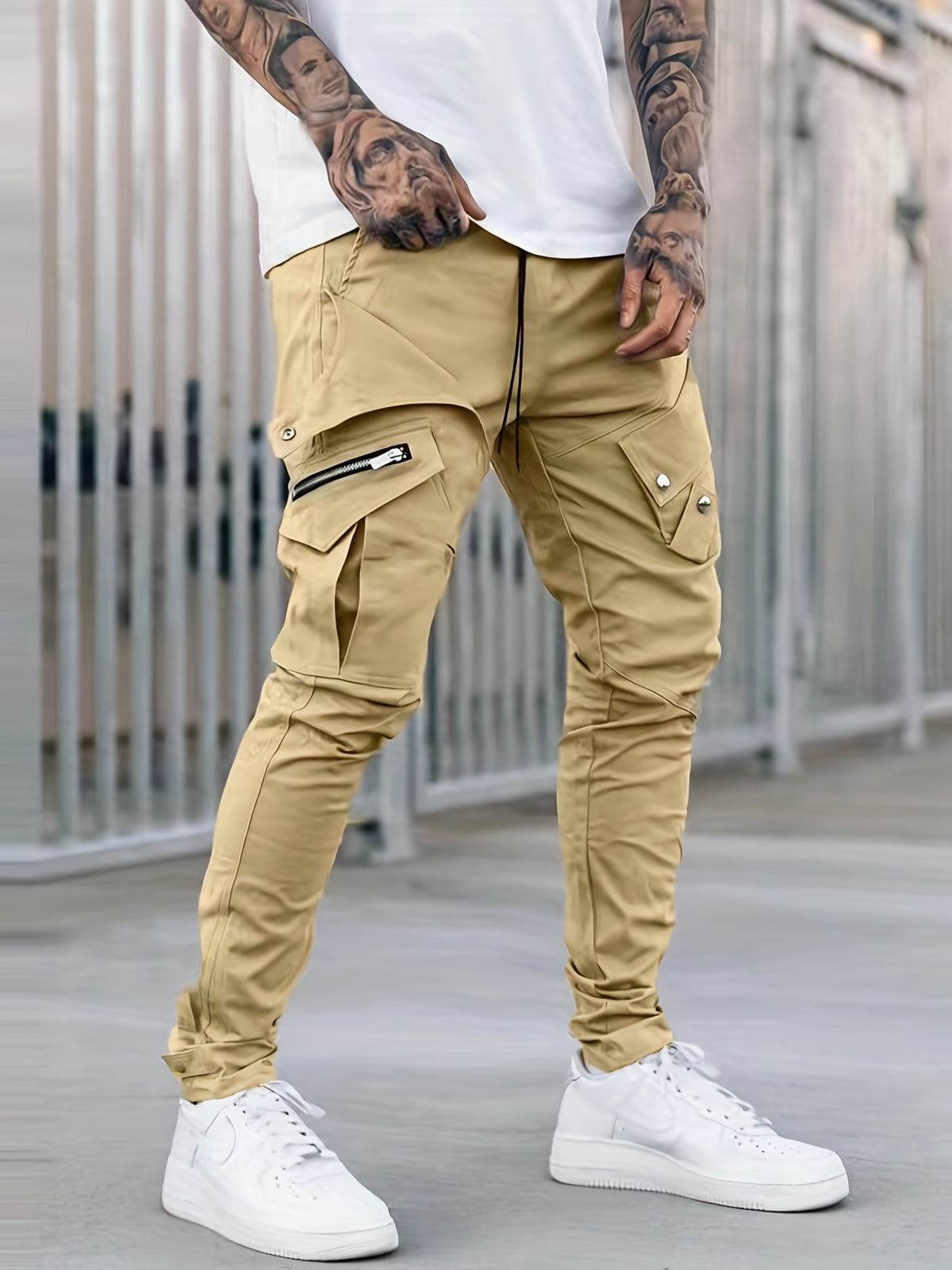 Pantalon cargo noir pour homme – Pantalon streetwear multipoches à cordon de serrage