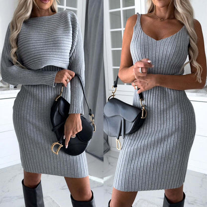 Ensemble 2 pièces Loom & Soul pour femme – Haut rayé à manches longues et jupe salopette ajustée, tenue élégante automne hiver