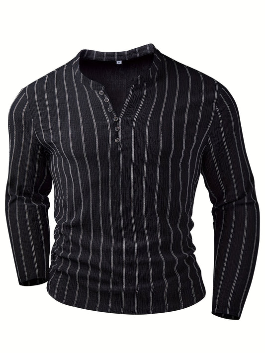 Men’s Striped Henley Long Sleeve Shirt – Casual Button Pullover