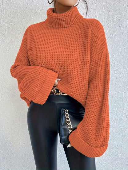 Women’s High-Neck Drop Shoulder Waffle Sweater – Vibrant Blue Knit