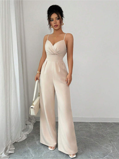 Combinaison salopette minimaliste à col en V – Élégante pantalon palazzo à jambes larges