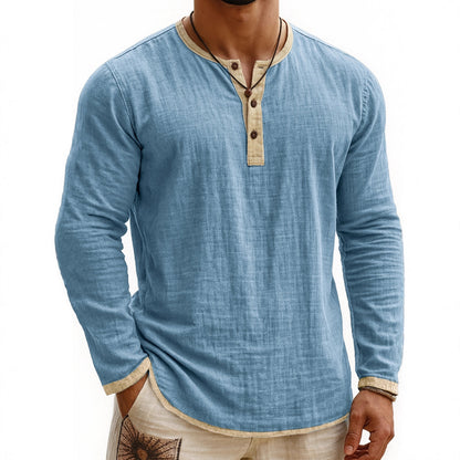 Chemise Henley Homme à Manches Longues Slim Fit à 3 Boutons et Imprimé Numérique Bicolore