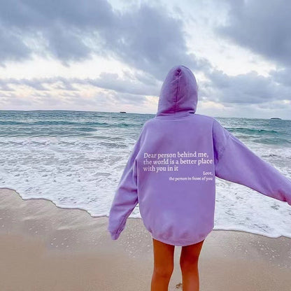 Loom & Soul – Sweat à capuche « Dear Person Behind Me » – Pull molletonné imprimé pour femme avec poche kangourou et cordon de serrage (Unisexe, plusieurs couleurs)