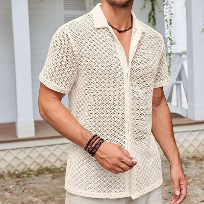 Loom & Soul™ Camisa de malla de manga corta de verano – Top de playa ligero con solapa para hombre