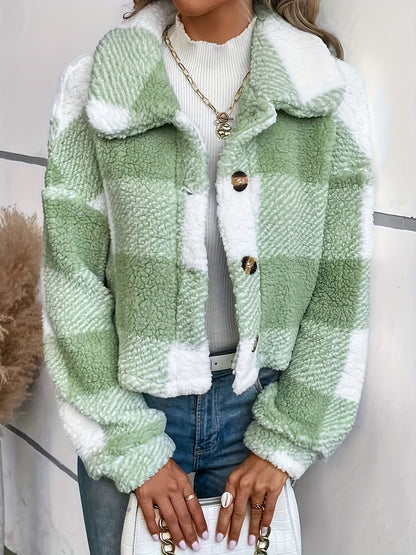 Manteau d'hiver en peluche à carreaux pour femme – Chaud, boutonné, manches longues
