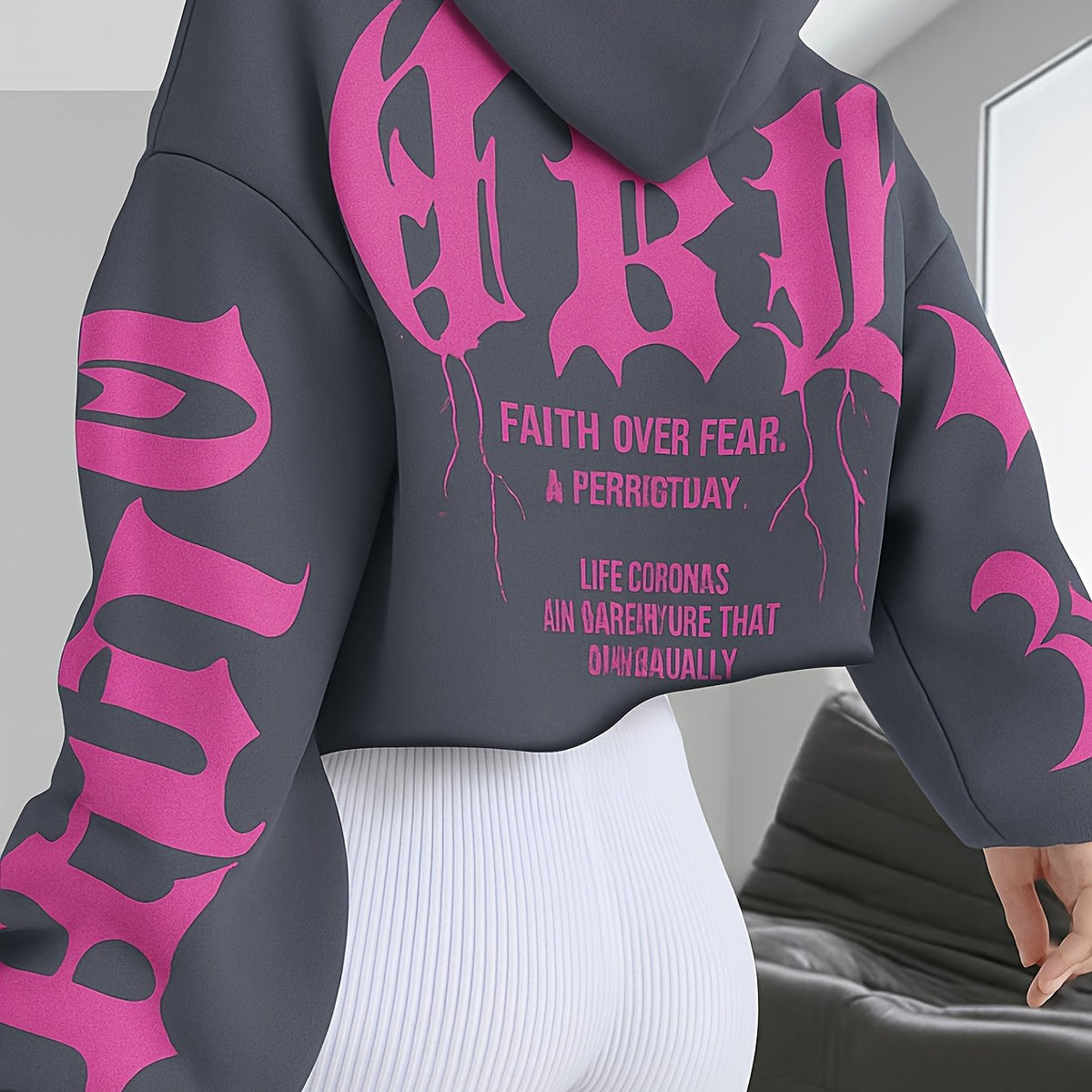 Faith Over Fear Hoodie – Black & Pink Gothic Lettering Loose Fit Sweatshirt