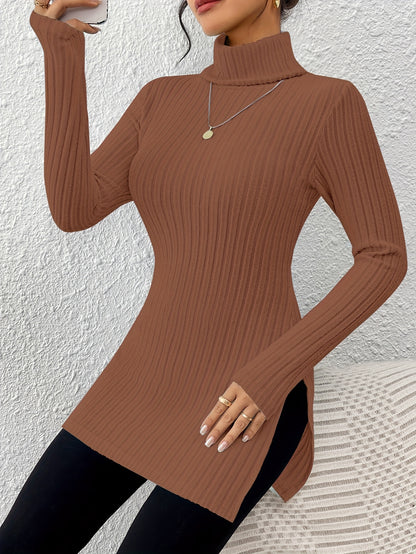 Haut élégant à col roulé pour femme – Tricot doux à manches longues et col montant