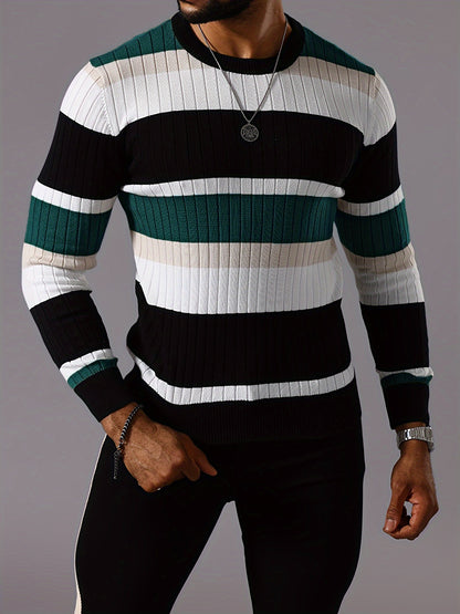 Men’s Striped Ribbed Knit Sweater – Color-Block Fall Winter Pullover