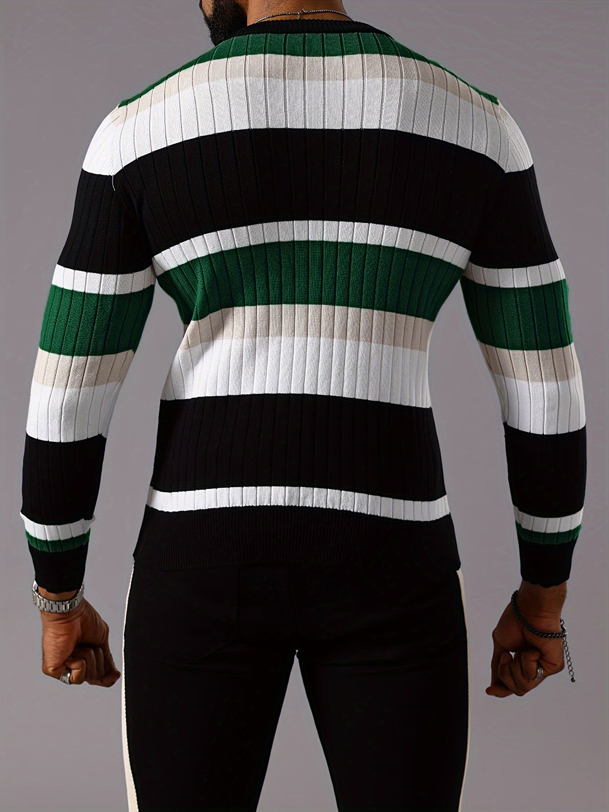 Men’s Striped Ribbed Knit Sweater – Color-Block Fall Winter Pullover