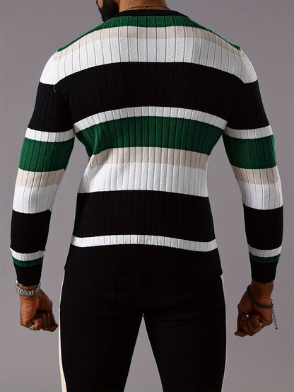 Men’s Striped Ribbed Knit Sweater – Color-Block Fall Winter Pullover