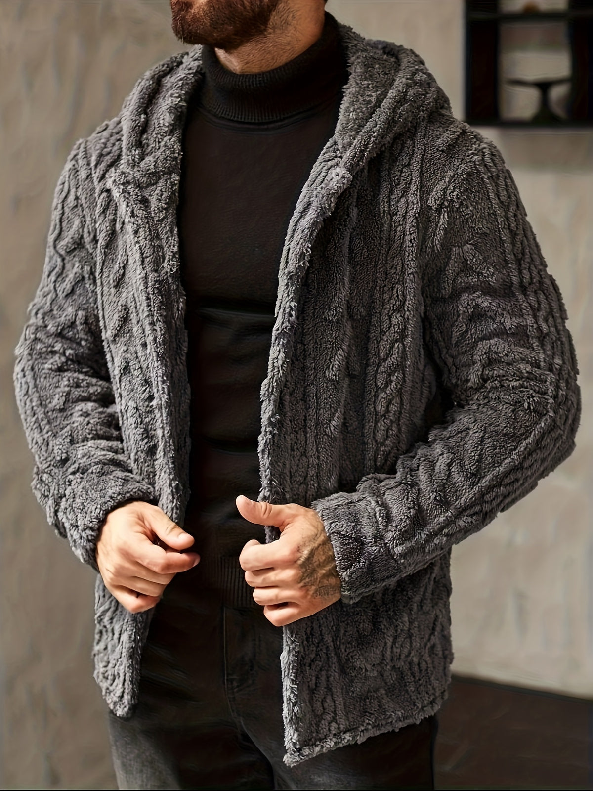 Men’s Teddy Fleece Hooded Jacket – Cozy Button-Up Winter Cardigan