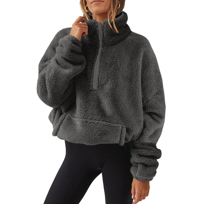 Pull en velours polaire demi-zip pour femme – Col montant, chandail d'hiver