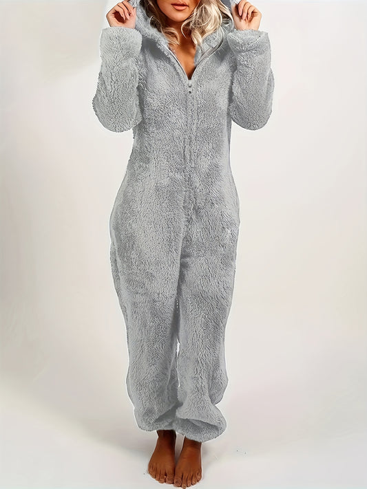 Fuzzy Zip-Up Hooded Jumpsuit – Women’s Warm Cozy One-Piece for Fall/Winter