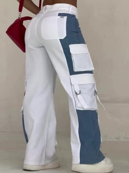 Jean cargo femme avec poches contrastées – Pantalon utilitaire patchwork moderne